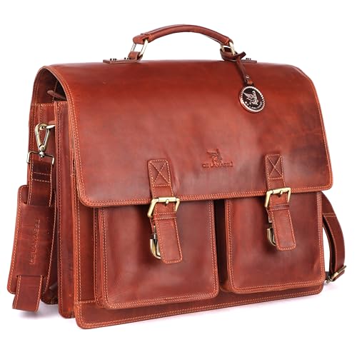 DE LAMASSU® Gustavus Laptoptasche aus Leder – Business Aktentasche für Herren & Damen – bis 17 Zoll – mit Organizer, Trolleyband & Geschenkverpackung (Dunkel-Cognac)