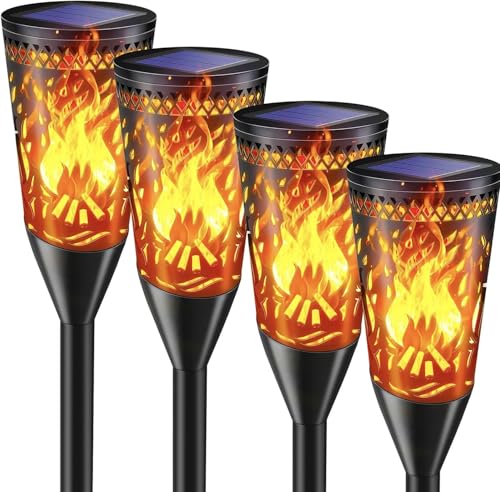 Lampade Solari da Giardino, 4 Pezzi, Lampada a Effetto Fiamma Solare, IP65 Impermeabile, 2 Modalità di Illuminazione, Adatto per Cortile, Vaso, Terrazza, Sentiero, Prato