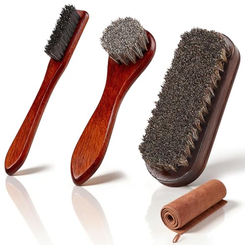msymsyu 3 Stück Rosshaarbürste 100% Schuhbürste Rosshaar Rundkopfbürste Kleine Schuhbürste Mit Buchenholzgriff Braun Schuhbürsten Entwickelt für Stiefel Handtaschen und Ledermöbel