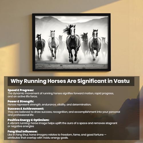 Image of 7 Running Horses Vastu Framed Wall Art Painting For Living Room | Black & White Horse Painting With Frame| Premium Wall Art for Home & Office, 14x18 Inch