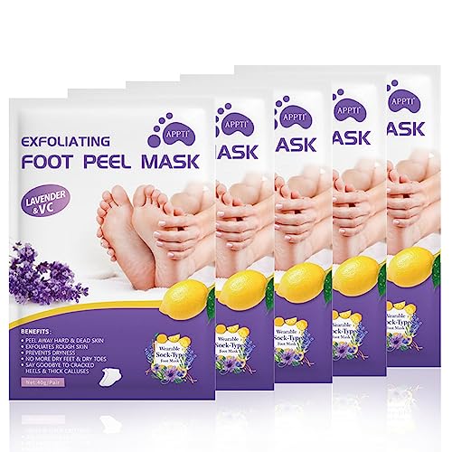 Joyeee Mascarilla Exfoliante Pies, Calcetines Exfoliantes de Pies para Callos Pies y Peeling Pies, Foot Peel Mask para Mujeres y Hombres, Lavanda, 5 Pares
