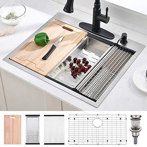 25 Inch Drop In Kitchen Sink - BoomHoze 25x22 Topmount Drop In Workstation Kitchen Sink 16 Gauge Single Bowl Stainless Steel Kitchen Sink Handmade Deep Bar Prep Sink Basin with Cutting Board