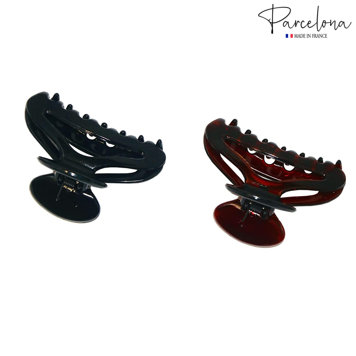 Parcelona French Flat Cutout Black and Tortoise Shell Brown Medium 3" Set of 2 Celluloid Hair Claw Clip Women Hair Accessories, Made in France - Image 5