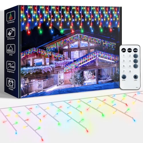 ARKOCHIC 10 m Cortina luzes de Natal exterior varanda, 320 LED em cascata luzes de natal exterior de IP65, impermeável, com 8 modos de memória, multicolorido Natal decoração para janela, interior