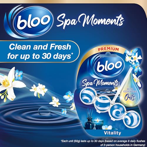 Image of Bloo Spa Moments Vitality Toilet Rim Block, Premium Toilet Cleaner with Essential Oils, Toilet bowl freshener with Relaxing and Long-Lasting Scent - 1 x Toilet Block.