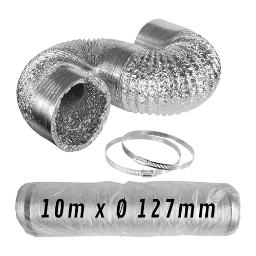 CONTROL GARDEN Tubo Flexible Aluminio Color Plateado Ø 127 mm Longitud 10 m | Conducto Aire Ventilación + 2 Abrazadera Acero | Manguera Flexible Extractor de Aire