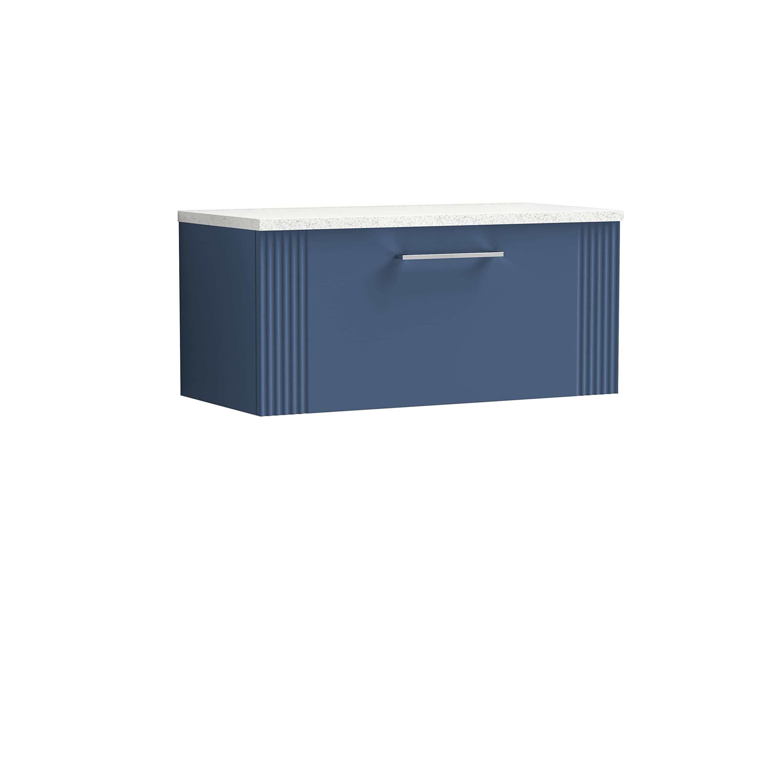 nuie DPF396LSW Deco Modern Bathroom Wall Hung 1 Drawer Part Fluted Vanity Basin Unit with Laminate White Sparkle Worktop, Satin Blue