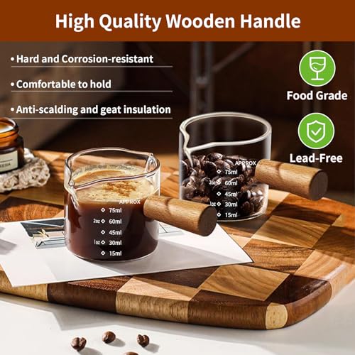 Image of YARRAMATE 2.5 oz /75ML Espresso Shots Cup with Wooden Handle, Clear Glass Demitasse Cup with Dual Scale Markings for Coffee Extraction (1 Pack, Double Spout)