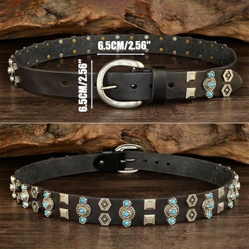 Black Studded Belt for Men Women, Western Cowboy Cowgirl Belt with Turquoise Rivet, Punk Belts for Jeans Pants3