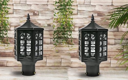 Image of SINOMAN Metal and Glass Gate Light for Home Gate Waterproof | Gate Lamps for Main Gate | Outdoor Garden Light | Pillar Gate Lights (GL 513 BLK, Pack of 2) Bulb Not Included