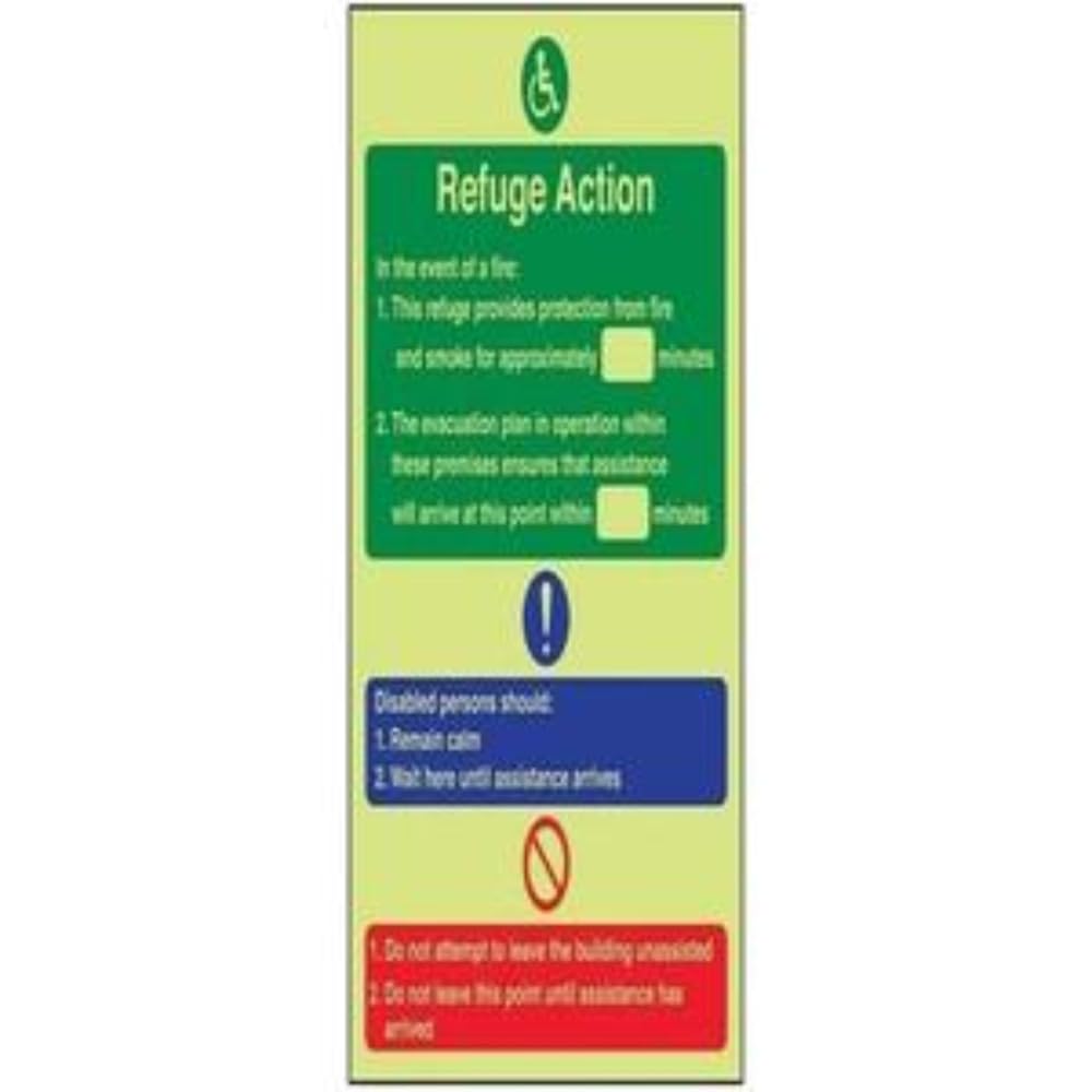V Safety Glow In The Dark Refuge Fire Action Notice Sign - 200mm x 300mm - Self Adhesive Vinyl