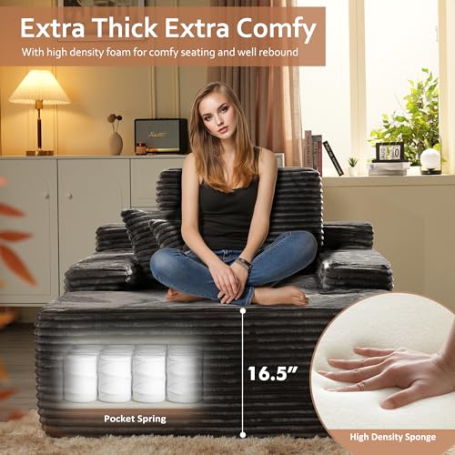 Image of HOOOWOOO Chaise Lounge Sleeping Couch, 48.5x67 Assembly Free Modern Minimalist Sofa, Extra Deep Large Single Seat Sofa, Free Standing Floor Couch in A Box for Living Room (Gray Velvet Upholstered)