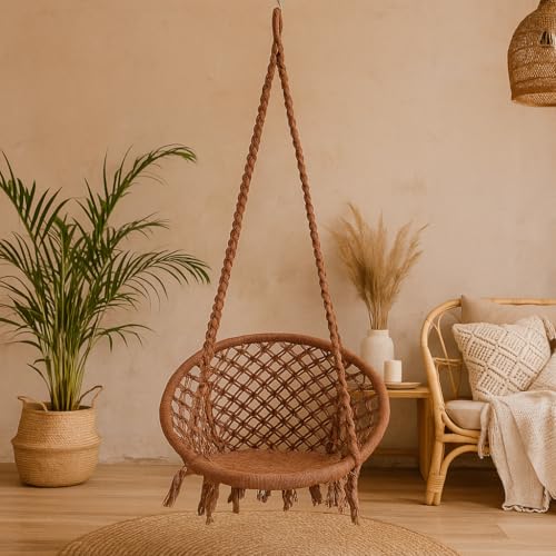 Image of Patiofy Cotton Round Swing Chair for Adults and Kids /Swing for Home /Swing for Balcony /Jhula for Adults /Jhoola for Living Room /Swing for Indoor & Outdoor /with Hanging Kit (Brown)
