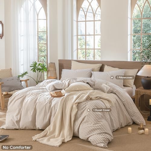 Image of MooMee Striped Duvet Cover Set 100% Washed Cotton Linen Like Twin | Relaxed Linen-like Texture. Soft, Breathable & Long-lasting Comfort. Lightweight. Hidden Zipper with 8 Interior Corner Ties