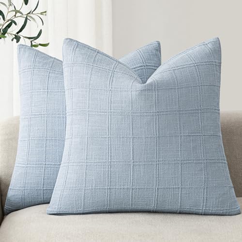 Image of Foindtower Set of 2 Decorative Linen Check Throw Pillow Covers Neutral Farmhouse Vintage Cushion Covers Modern Boho Accent Home Decor for Sofa Chair Couch Bedroom Living Room,22x22 Inch,Sky Blue