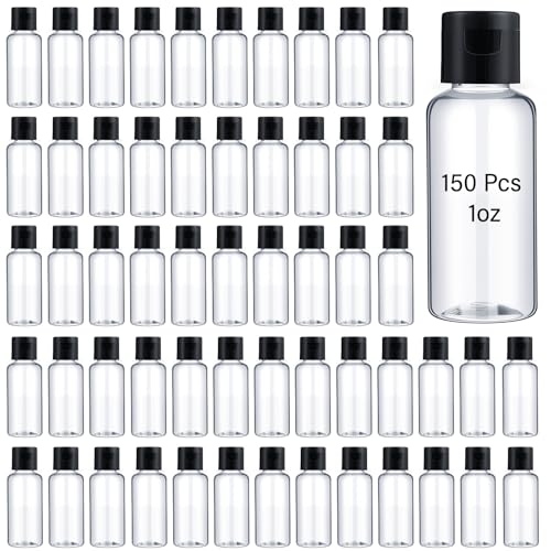 150 Pcs 1oz Travel Bottles Bulk for Toiletries Clear Small Travel Size Bottles Bulk Refillable Empty Containers for Shampoo Lotion Liquid Body Soap Cream Toiletries(Black Cap)