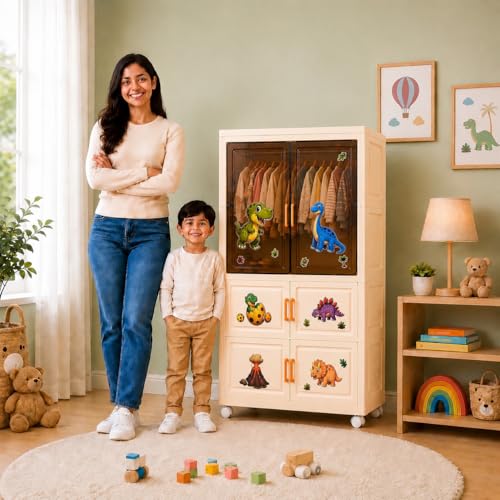 Image of TARKAN Kids Plastic Wardrobe Storage Cabinet with Wheels, DIY Dinosaur Stickers, Modular and Durable, 1 Hanging Rod + 2 Drawer Sections, 70x32x123cm
