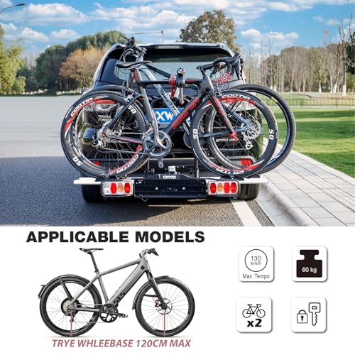 Bicycle Carrier for Towing Hitch 2 Bicycles E-Bike 60 kg Foldable, Car Bicycle Carrier Towing Hitch with Rear Light and Number Plate Holder, Lockable, Coupling Carrier for Ebike