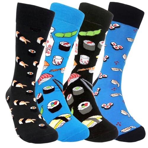 Sockaholic Crazy Food Socks Funny Sock for Men Women Fun Gift for Foodie Novelty Dress Cotton Socks (Blue & Black - 4 Pairs Sushi)