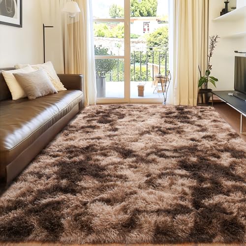 Rugs for Living Room 9x12, Soft Shaggy Modern Shag Area Rug for Bedroom, Upgrade Non-Slip Plush Fluffy Carpet for Kids Boys Girls Room Home Decor Aesthetic, Tie-Dyed Brown