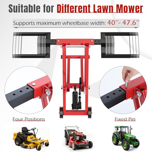 EROMMY 500LB Hydraulic Mower Lift for 40-47.6\" Axle, 24\" Lawn Tractor Jack with 3-Height Adjustment, Zero Turn Mower Lift for Maintenance & Repair, Red - Thumbnail 3
