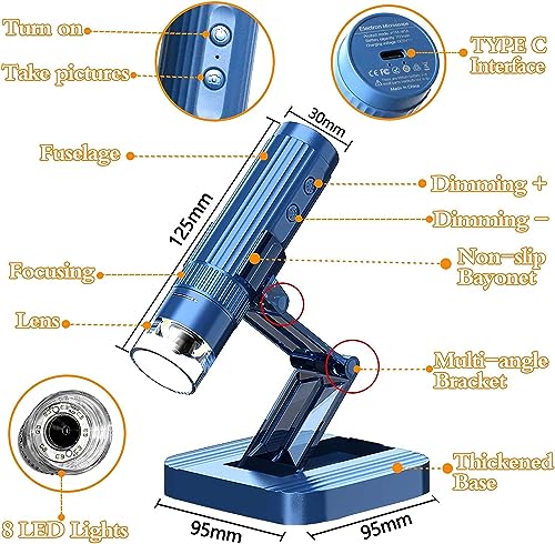 Image of ETZIN USB Digital Microscope,50X-1000X Magnifying Coin Micros-cope,Handheld Pocket Mic-roscope Adults, HD Microsco-pe Camera, 8 LED Lights AdjustableBlue, USB.