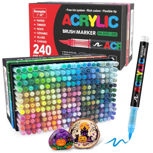 Guangna 240 Feutre Acrylique, stylos acryliques à pointe pinceau pour le coloriage adulte ，Acrylic Paint Markers pour Coloriage, Pierre, Céramique,Calligraphie, Verre, Bois, Toile