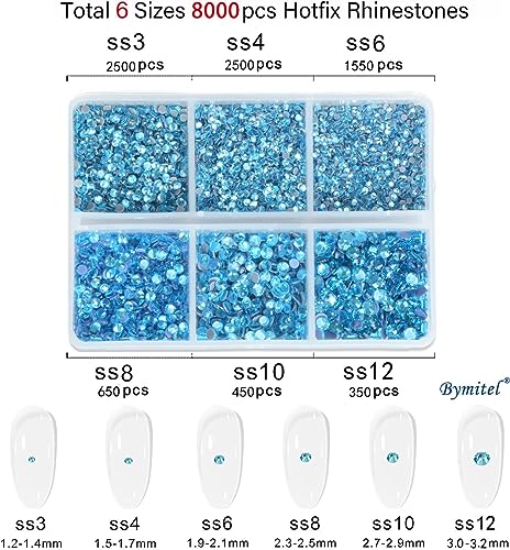Image of Bymitel Hotfix Crystal Rhinestones Round Gems for Crafts,Mixed 6 Sizes with Wax Pencil Kit, Aquamarine1.3-3.2mm(SS3-SS12 /8000pcs)