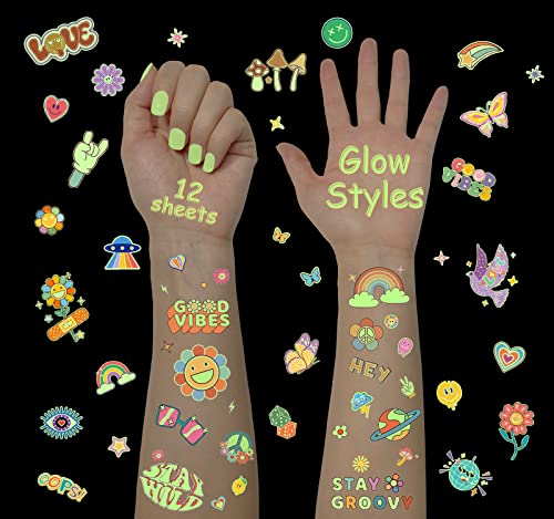 Groovy 70S Temporary Tattoos, Glow In The Dark Styles For Kids,Flower Power & Hippie Stickers,Birthday Party Supplies & Favors For Girls #TOP3