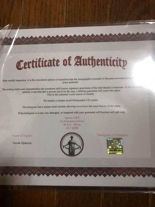男子テニス 証明書付き ノバク ジョコビッチ 直筆サイン入りフォト