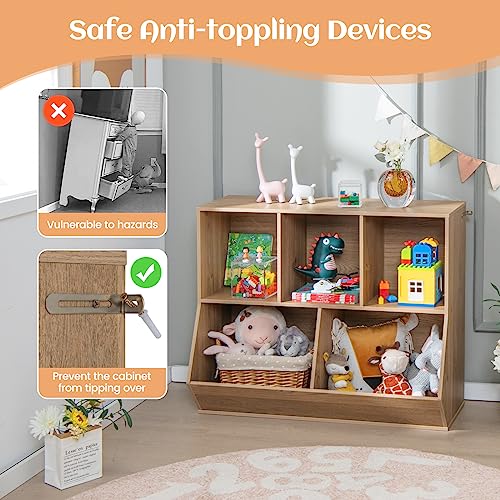 Costzon Toy Organizers And Storage With Bookshelf, Wooden 5 Cubby Children’s Book Shelf Toy Storage Cabinet Bookcase For Kids Room, Playroom, Kindergarten, Nursery (Natural) #TOP5