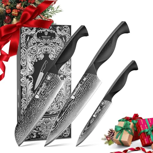 BRODARK Damascus Knife Set 3 PCS: Sharp Damascus Kitchen Knife Set, Professional Japanese Chef Knives with Ergonomic Full-Tang ABS Handle for Home, Restaurant (Dark Horse Series)