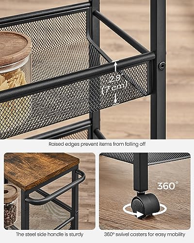 Image of VASAGLE Slim Rolling Cart, 4-Tier Storage Cart, Narrow Cart with Handle, 8.7 Inches Deep, Metal Frame, for Kitchen, Dining Room, Living Room, Home Office, Rustic Brown and Classic Black ULRC033B01