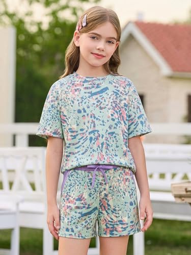 Image of Haloumoning Girls Summer 2 Piece Outfits Kids Oversized T Shirts and Shorts Clothing Sets 5-14 Years
