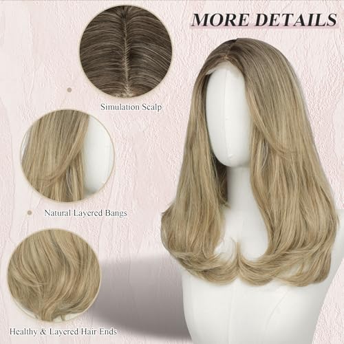 Image of FESHFEN Lace Front Hairline Wigs with Bangs, Synthetic Natural Looking Long Layered Straight Hair Wig for Women Daily Party Costume, 18 inch Ombre Mixed Blonde