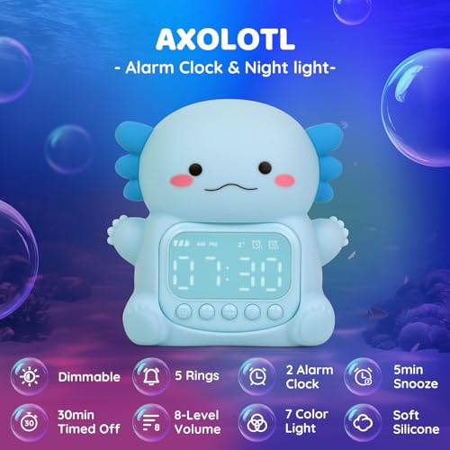 Image of Axolotl Alarm Clock with Night Light for Kids, Rechargeable Silicone Lamp Time to Wake Clock Cute Animal Tabletop Lamp, Perfect Sleep Companion for Boys Girls, Blue