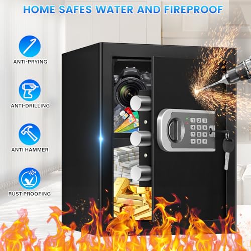 50L Großer Safe Tresor für Zuhause, Digitalem Safe mit Schlüssel, Zahlenschloss, Möbeltresor Sicherheitstresor mit Intelligente Alarme, Wandtresor für Gold Schmuck Dokumente Medikamente