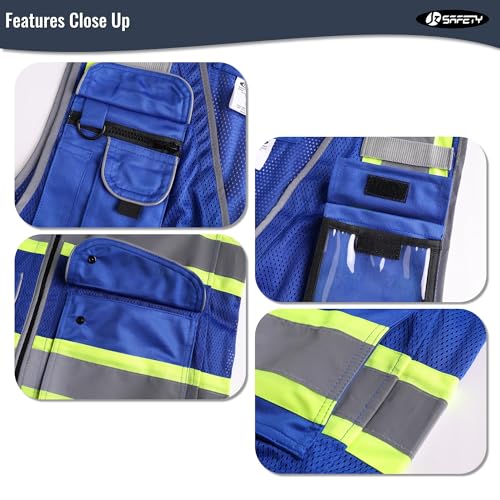 Image of JKSafety 11 Pockets Hi-Vis Blue Mesh Safety Vest for Men Women High Visibility Reflective Construction with Zipper Work Utility PPE Work Gear ANSI /ISEA compliant (102-Blue 5XL)