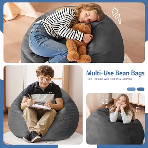 Homguava 2FT Bean Bag Chair: 2' Bean Bags with Memory Foam Filled,Comfy Beanbag Chairs Round Bean Bag Sofa with Dutch Velvet Cover-Grey