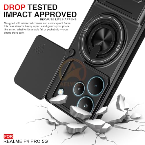 Image of Realme P4 Pro 5G Back Cover | Armor Camera Slider 360 Degree Rotating Finger Ring Holder Case with Bracket Stand Back Case Cover (Compatible with MagSafe Accessories) (Black)