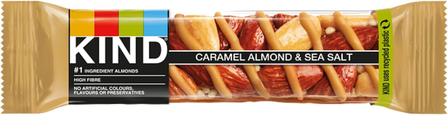 KIND Bars, Gluten Free Snack Bars, Caramel Almond & Sea Salt, High Fibre, Healthy Snack, No Artificial Colours, Flavours or Preservatives, 40g