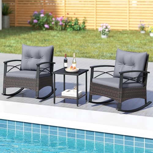 Image of Tangkula 3 Pieces Wicker Outdoor Rocking Chairs Set | Heavy Duty Cushioned Rattan Patio Rocker Bistro Set, 2-Tier Side Table w / Acacia Wood Tabletop, for Porch Balcony Backyard