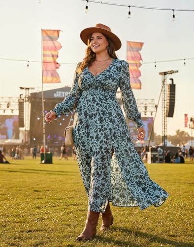 Image of EYWOL Wedding Guest Dresses for Women Long Sleeve Chiffon Floral with Slit | Maxi\Midi, Long, V Neck, A-Line, Chiffon, Elastic Waist, Flowy, Boho, Western, Fall, Flattering, Elegant, Curvy, Maternity,