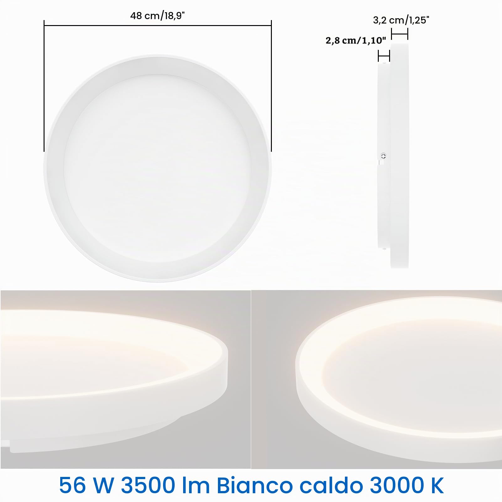 Klighten Plafoniera Led Soffitto Rotondo 56W 3500LM, Lampada da Soffitto Anello Moderna, Plafoniera Metallo per Corridoio Cucina Camera da Letto Soggiorno, Bianco Caldo 3000K, 48cm, Bianco