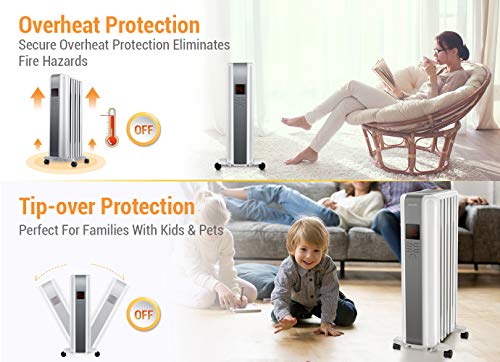 Space Heater, 1500W Oil Filled Radiator Heaters Indoor Portable Electric with Remote, Built-in 24-Hrs Auto On/Off Timer, Digital Thermostat, ECO Mode, Safe and Quiet Heater for Home Office Use, White