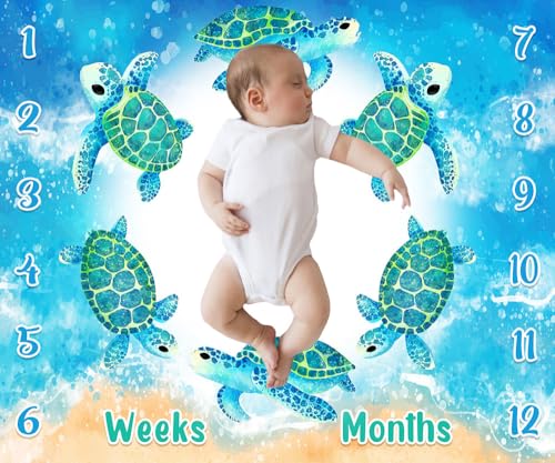 Image of Turtle Milestone Blanket Blue Sea Life Baby Blanket Beach Newborn Gift with Week Months Swaddling Bag 60x40in BTYHFH046