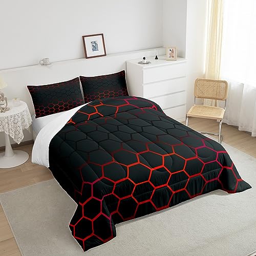 Image of Red and Black Honeycomb Comforter Full Size for Boys Girls, Geometrics Honeycomb Comforter Set Ombre Honeycomb Bedding Set Beehive Hexagon Duvet Set 3Pcs