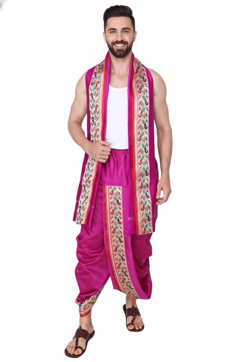 Men’s Readymade Dhoti for Pooja | Pre Stitched Adjustable Waist Dhoti Pant | Velcro Ready to Wear Silk Cotton Dhoti | Traditional Wedding Temple Wear for Men-image-26