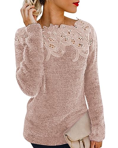 ORANDESIGNE Pull Femme Hiver Chaud Chic Et Élégant Pullover Dentelle Sweat en Polaire Pull Epaule Denudee Haut Manche Longue Chandail Jumper Sweater Rose...