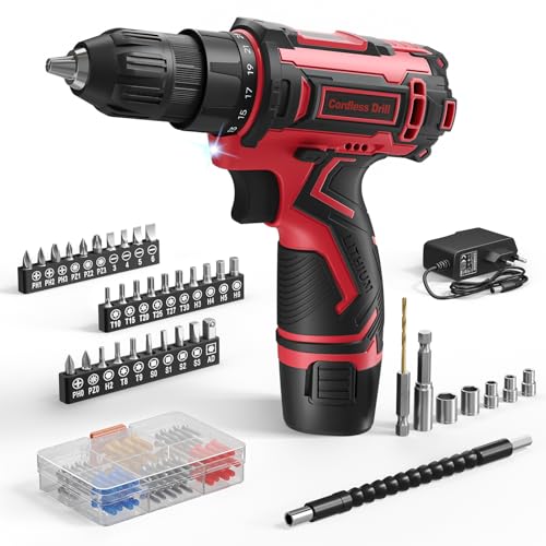 12V Destornillador Electrico, Taladro Atornillador Batería Max 25NM, 98 Accesorios Atornillador Electrico, 25+1 Par, LED Luz, Baterías 2000mAh, Portabrocas 10mm, para Reparación y DIY Red